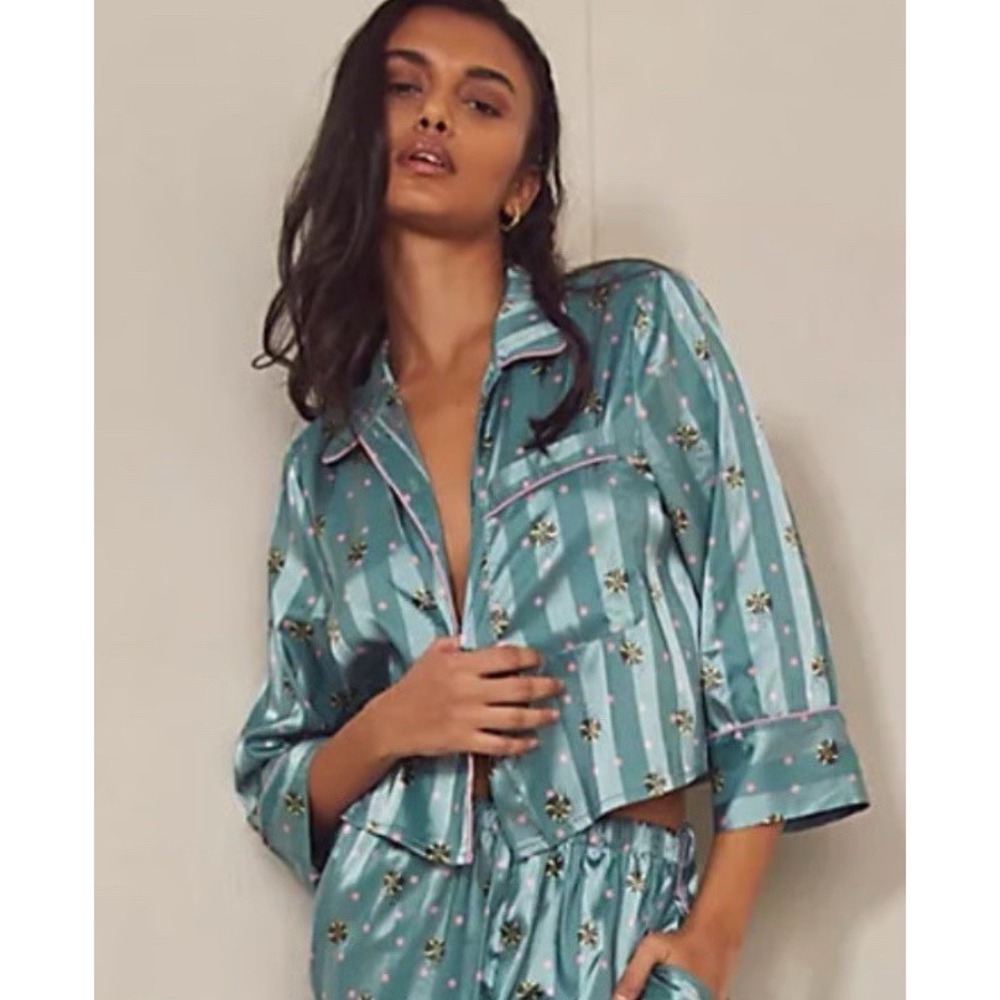 Free People Top M Blue Striped Pink Polka Dot Satin Lounge Pajama Party Sleep